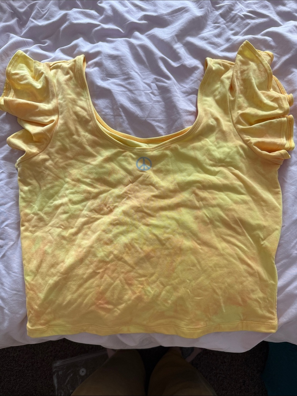 Yellow Ruffle Sleeve Crop Top with Peace Graphic